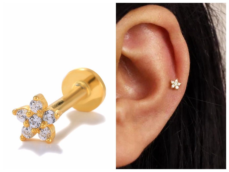16g Flower CZ Flat Back Stud Earrings | Cartilage Earring | Body Jewelry